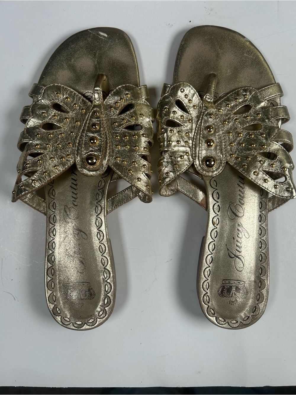Juicy Couture y2k fariy Women's Metallic Gold Butterfly Slide Sandals